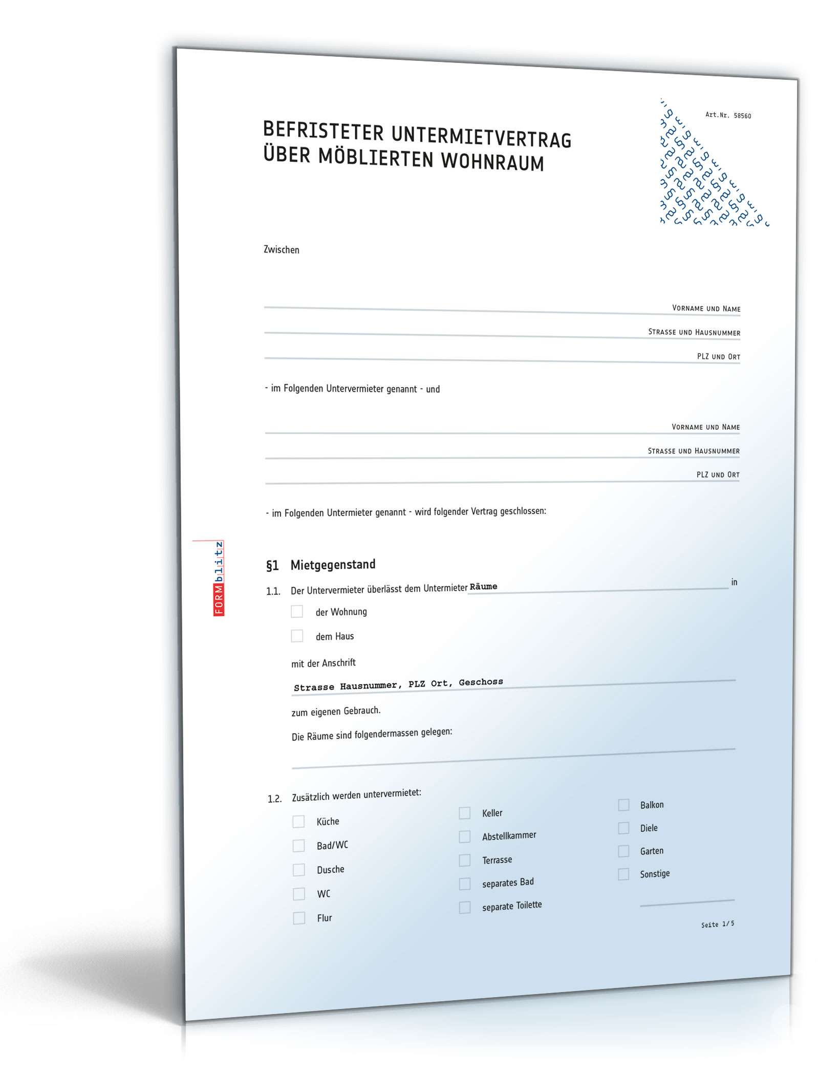 Befristeter Untermietvertrag über möblierten Wohnraum Dokument zum Download