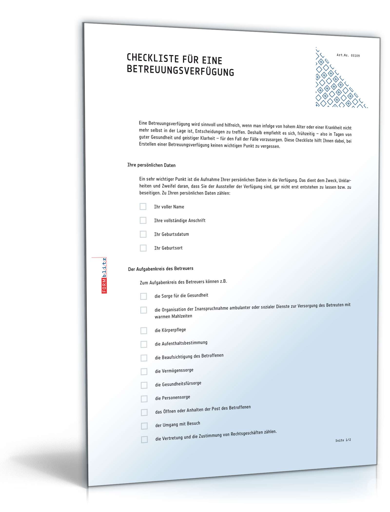 Checkliste für eine Betreuungsverfügung Dokument zum Download