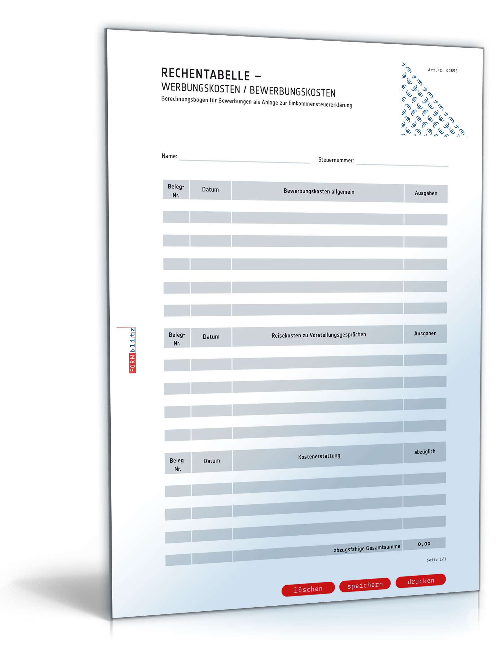 Rechentabelle: Werbungskosten / Bewerbungskosten Dokument zum Download